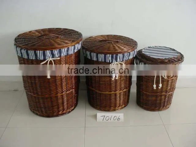 Linyi new durable handicraft willow laundry trash can baskets with fadbric
