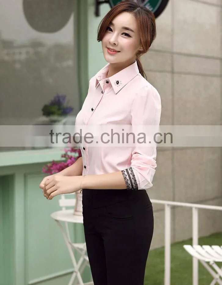 Women Casual Long Sleeve Shirt Lace Flower Lapel Top Office Career Blouse