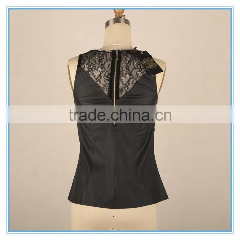 Women Custom Pu Leather Fabric Neck Chain Design Lace Patchwork Tank Top