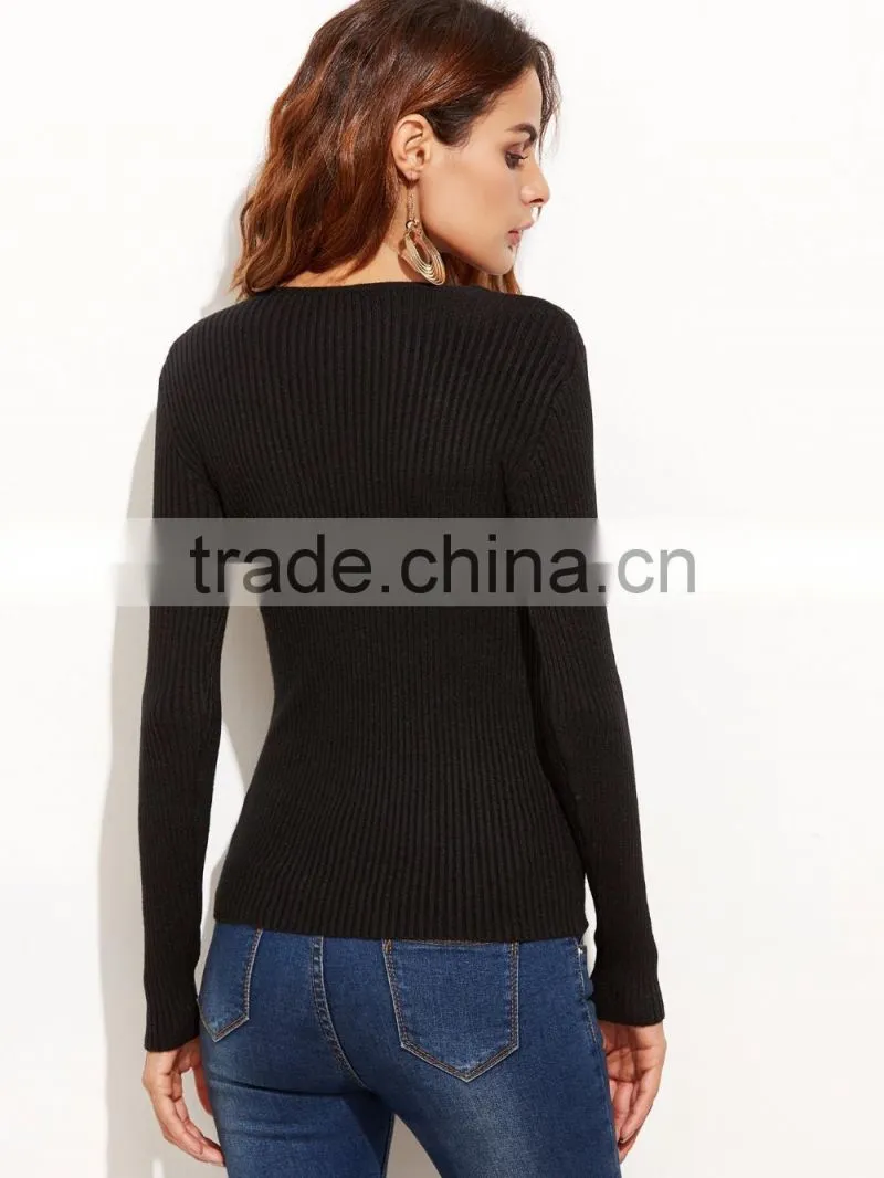 Black V Neck Zipper Ribbed Sweater Cotton Polyester Long Sleeve Pullovers Tight Sweater