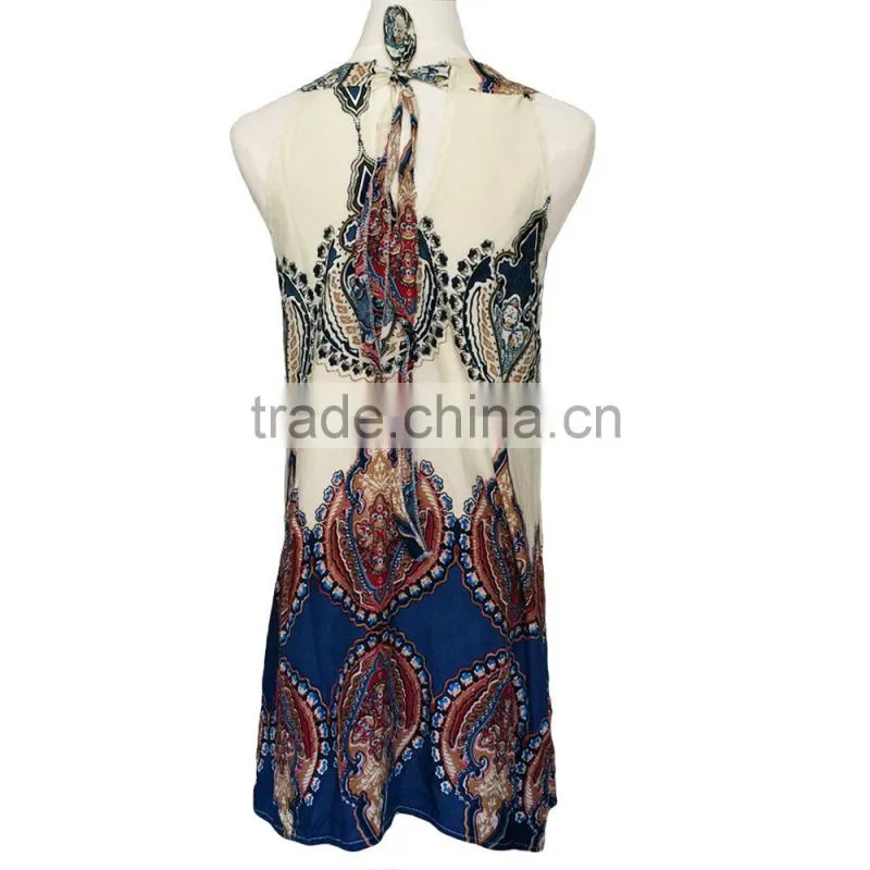 Wholesale Boho Design/Summer loose Printed Halter Style Sleeveless Hippie Women Chiffon Dress Mini Dress Plus Size