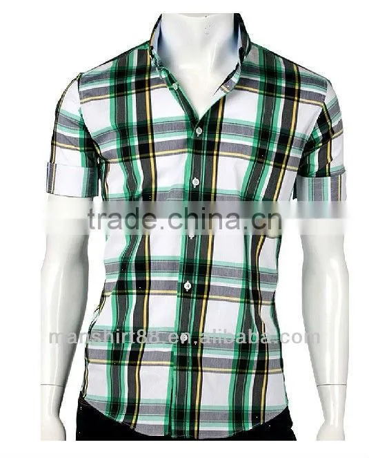 men slim fit basic short sleeve plaid casual shirt