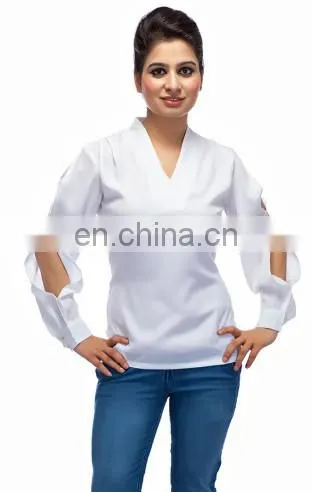 Blusas Femininas New Design Hot Summer Latest Stylish Sexy Sleeve Collar Neck Ivory Polyester Crepe Blouse Top For Ladies Women