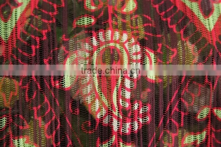 Bulk top quality 100%polyerster print fluorescent yellow lace fabric