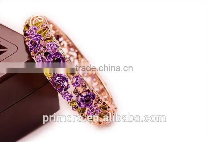 Rhinestone Embed Hollow Leaves Blessing Flowers Rose Golden Bracelets Bangles Women