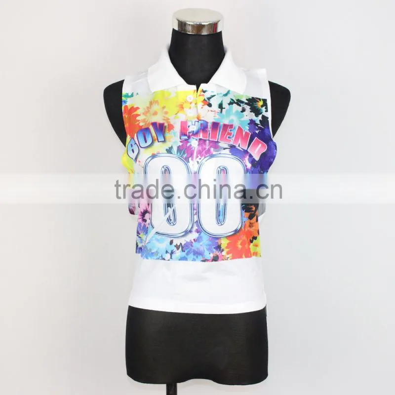 stand collar sleeveless colorful printing blouse tops with button