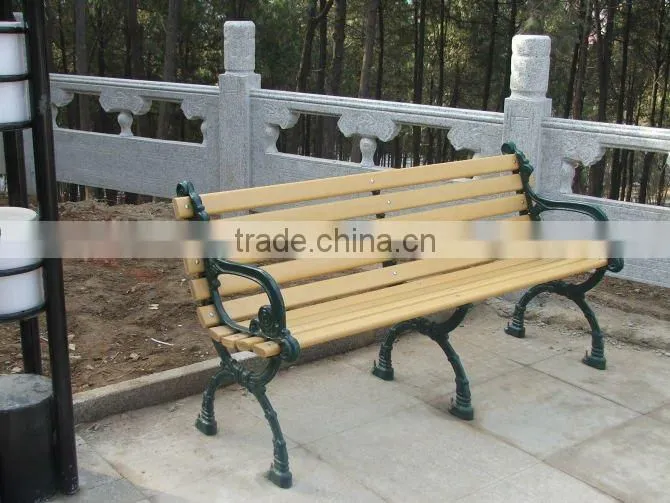 classic wooden garden bench with metal legs
