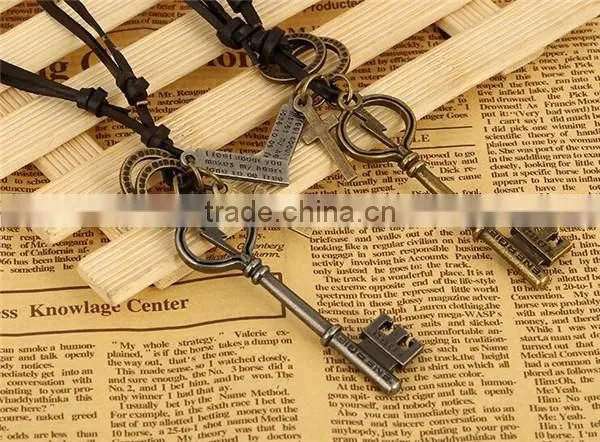 Fashion key pendant leather cord necklace/handmade leather necklaces fro men