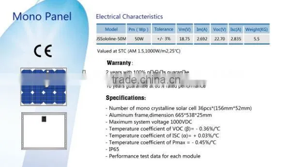 Mono solar panel 50W for solar energy system