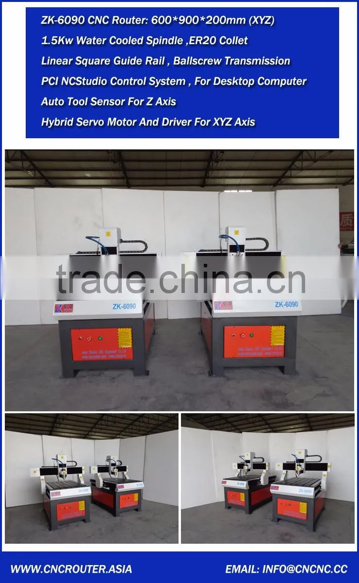 Hybrid Servo Motor 1.5Kw Small CNC Router 6090 For Wood With PCI NCStudio Control Auto Tool Sensor On Z Axis ZK-6090 CE Approve
