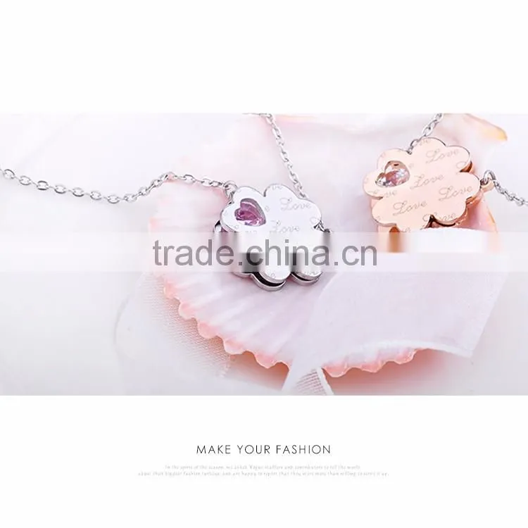 Fashion Stainless Steel Chain Necklace with Four Leaf Clover Charm and CZ