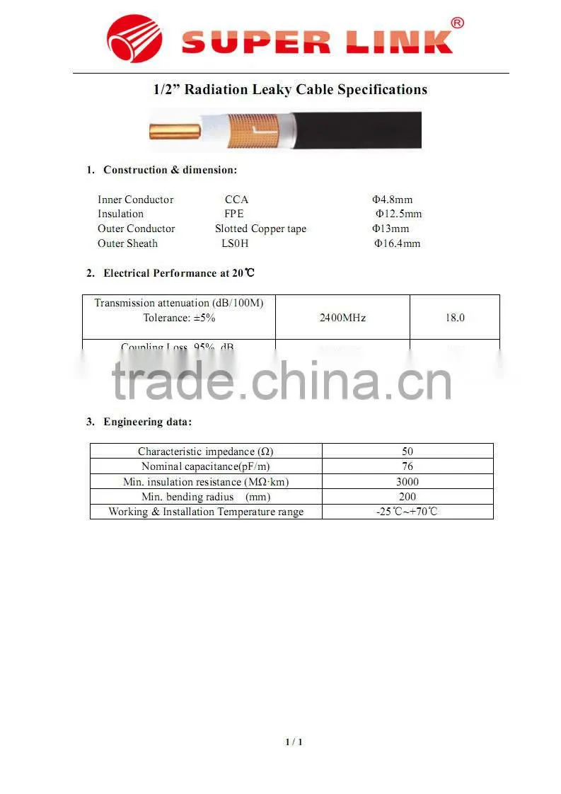 Super link 1/2'' Radiation Leaky cable communication cable of mine
