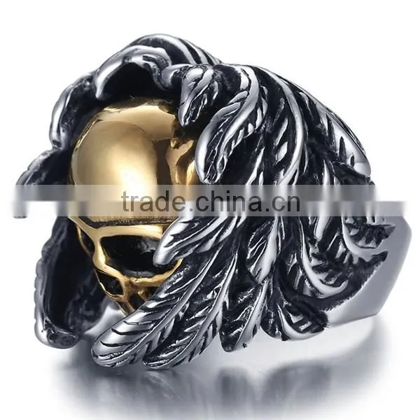gold silver vintage gothic wing biker surgical stainless steel skull ring for man