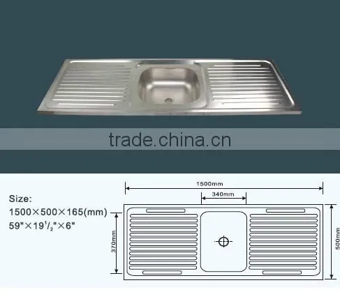 150*50cm single bowl with double drain board stainless steel kitchen sink