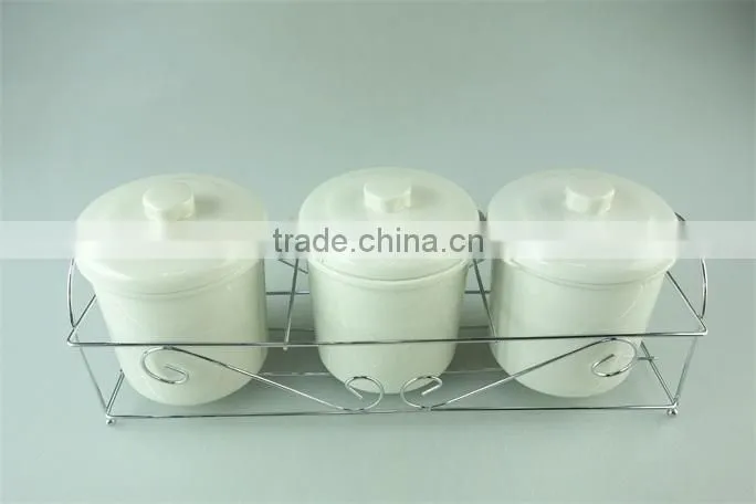 hot sale samll round white ceramic soup tureen with lid , stock cheap ceramic tureen ,3 pcs set with iron part