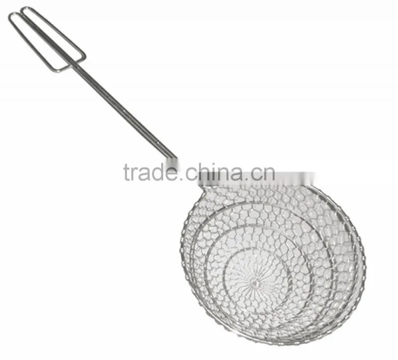 Hot sale stainless steel/zink plated metal noodle skimmer with bamboo handle