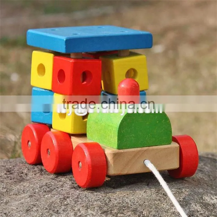 New design toddlers building blocks wooden pull train toy W05C072
