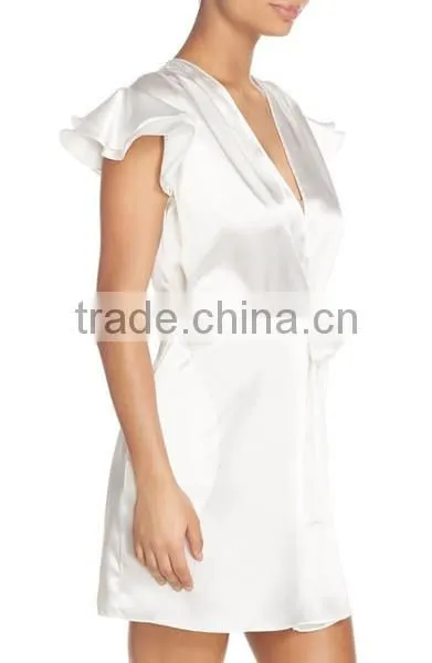 Latex Design Wholesale Satin Robe Shirred Shoulders Double Layer Sweet Style Fashion Ladies Night Sexy Party Dress Wrap Robe