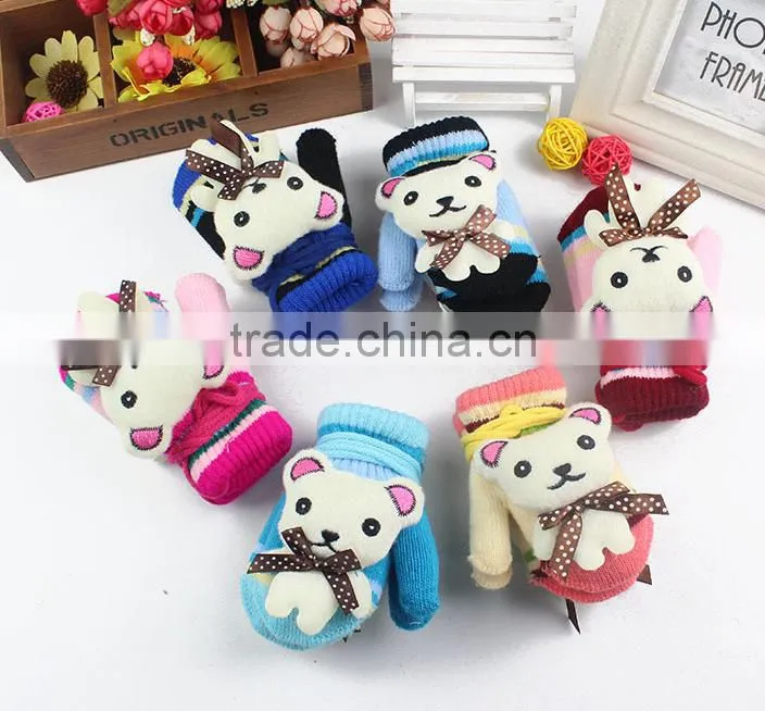 Winter baby children acrylic gloves boys and girls knitted warm cute hanging neck cartoon bear baby gloves