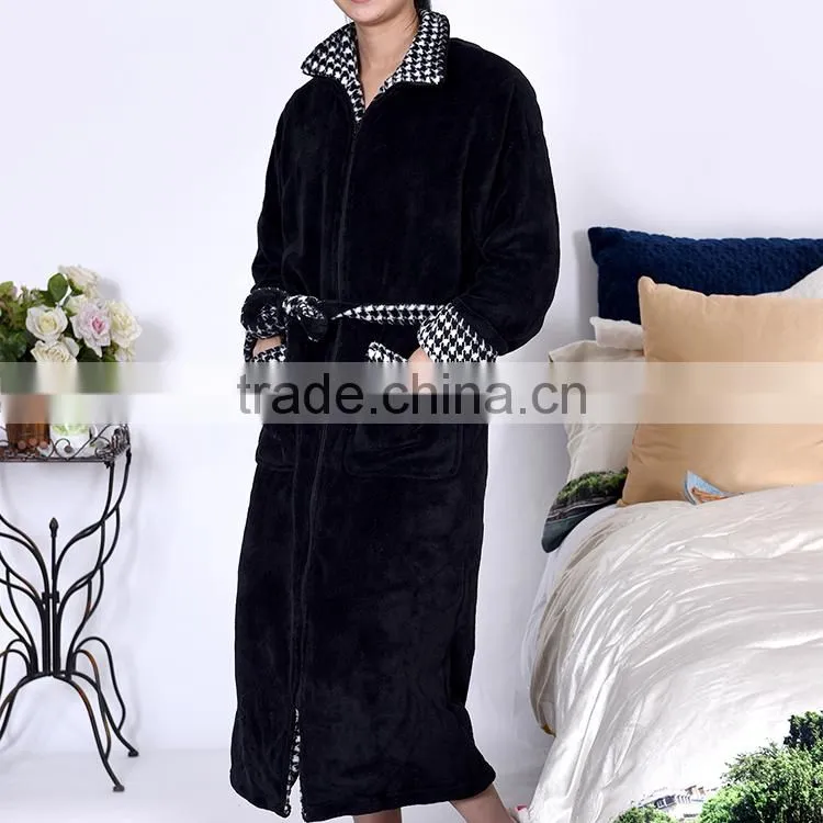 Houndstooth printed coral fleece long style zipper reversible bathrobe