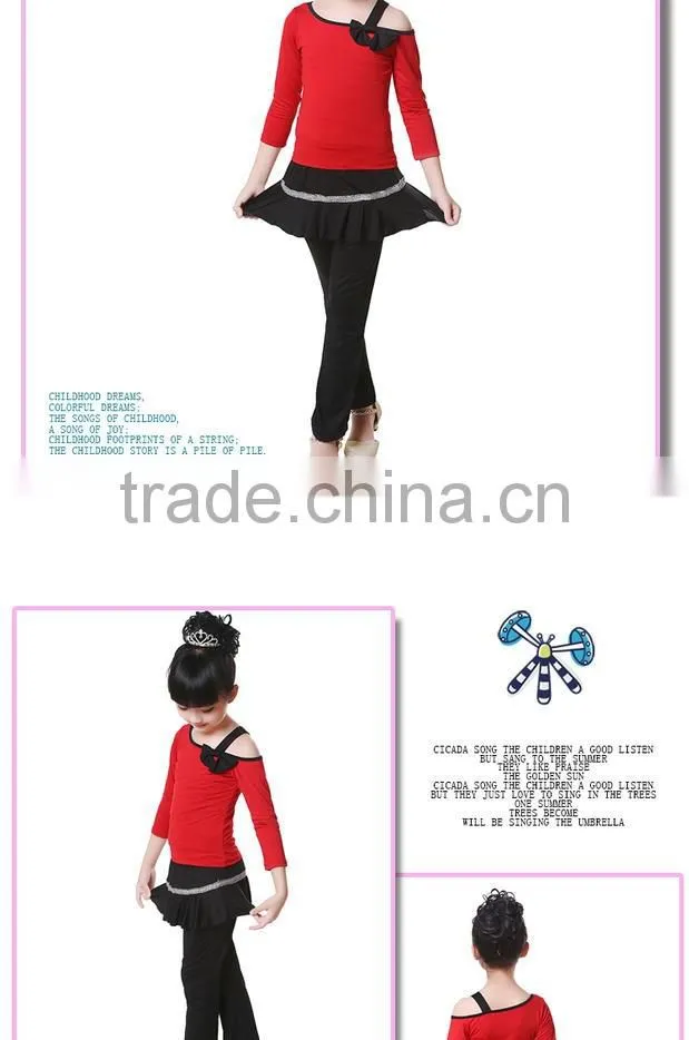 Children Kids Long Sleeve Gymnastics Shirt Pants Suit Girls Dew Shoulder Bowknot Unequal Latin Practice Dance Costumes