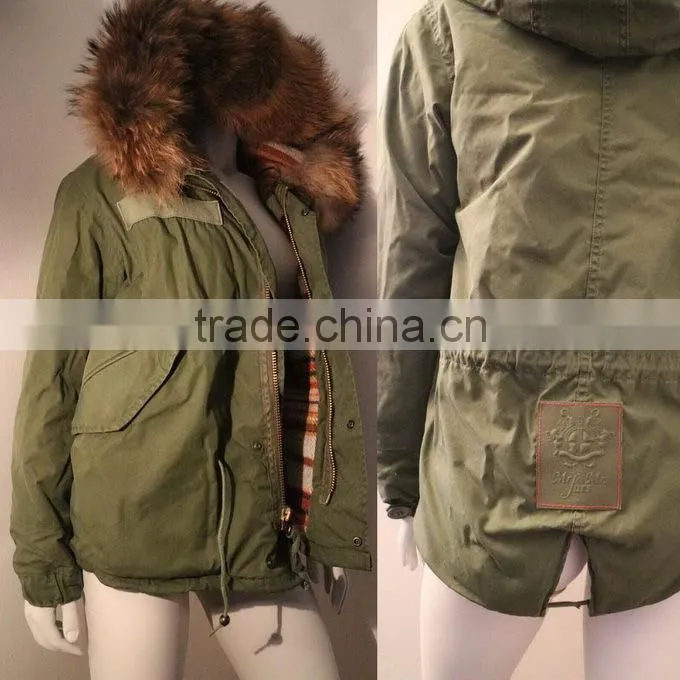 Army green coat 100% cashmere coats lined with hooded jacket faux fur coat for sale