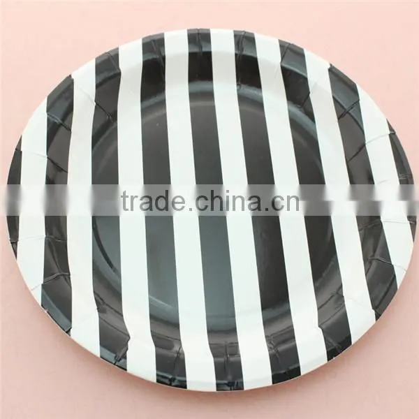 9 Inch Baby Pink Striped Round Paper Plates for Wedding Decoration