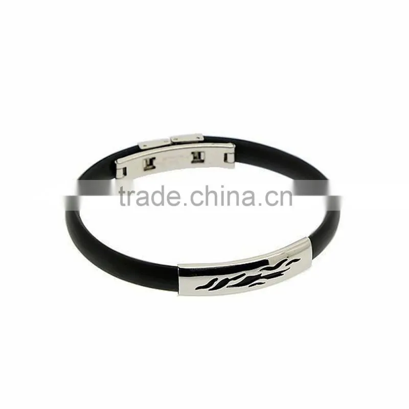 Simple design classic rubber bracelet silicone bangle black rubber steel handcuff bangle
