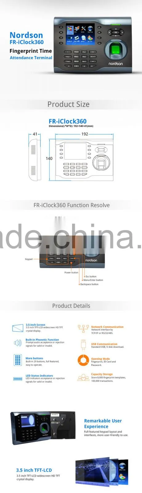 3.5 inch TFT screen 12V biometric fingerprint time attendance system employee fingerprint attendance machine price