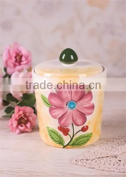 Decorative Ceramic Kitchen Spice Bottle Jar with Embossed Flower