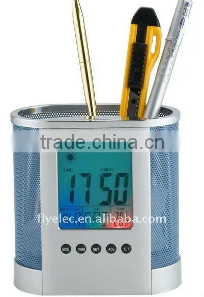 LCD clock with pen holder