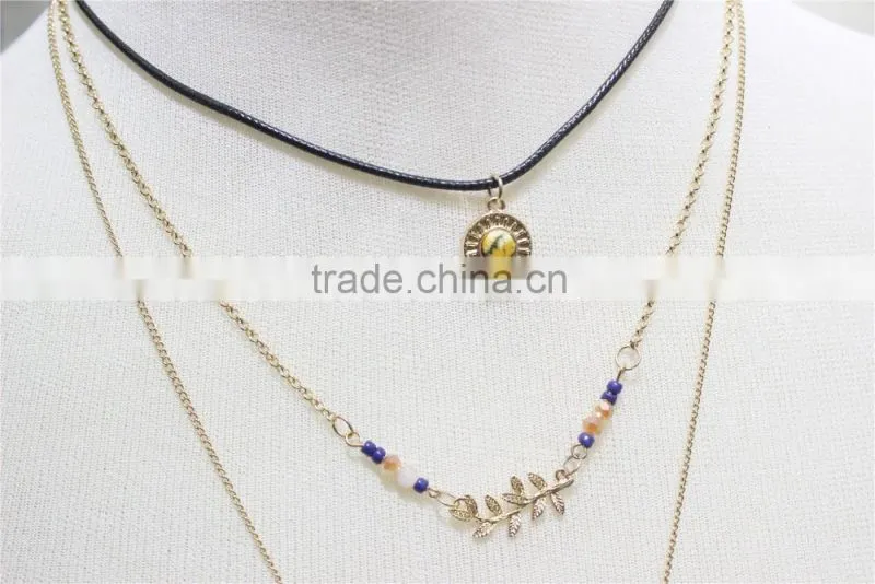 Gold Chain Layered Necklace w/Blue & Tan Bead Gold Leaf & Bird Metal Necklace 2016 Fashion Style Wholesale