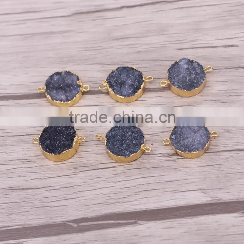 Black Druzy Quartz Stone Connector Beads, Round shape Gold plated Crystal Drusy Beads For Jewelry Making