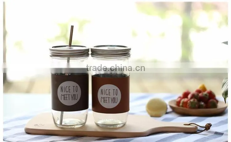 New Fashion Creative Office Glass Coffee Mug With Lid And Straw
