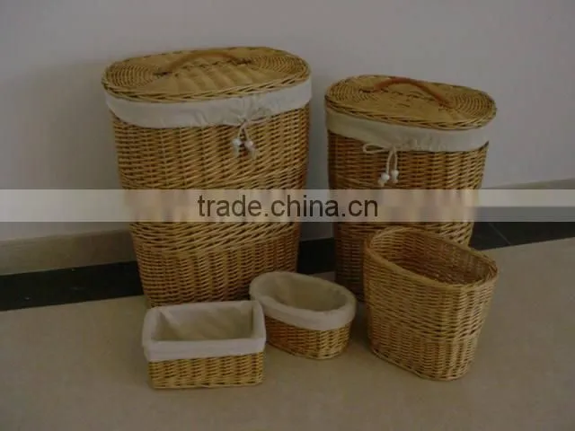 Linyi new durable handicraft wicker trash can hamper with fabric