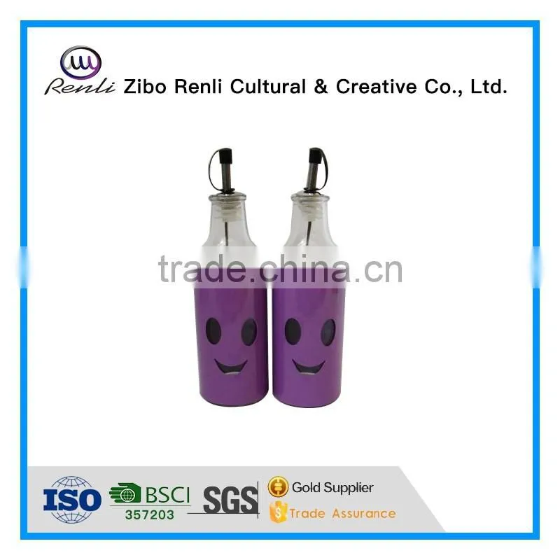 2Pieces Smile Face Metal Coat Glass Oil Vinegar Bottles with Metal Dispenser