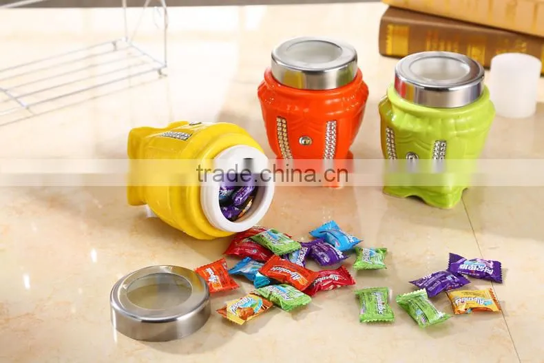 colour ceramic canister set with stainless metal stand