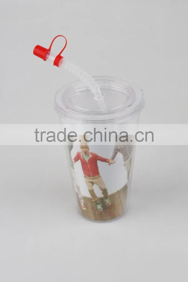 500ML Best-selling PS Plastic Double Wall Drinking Cup With Straw