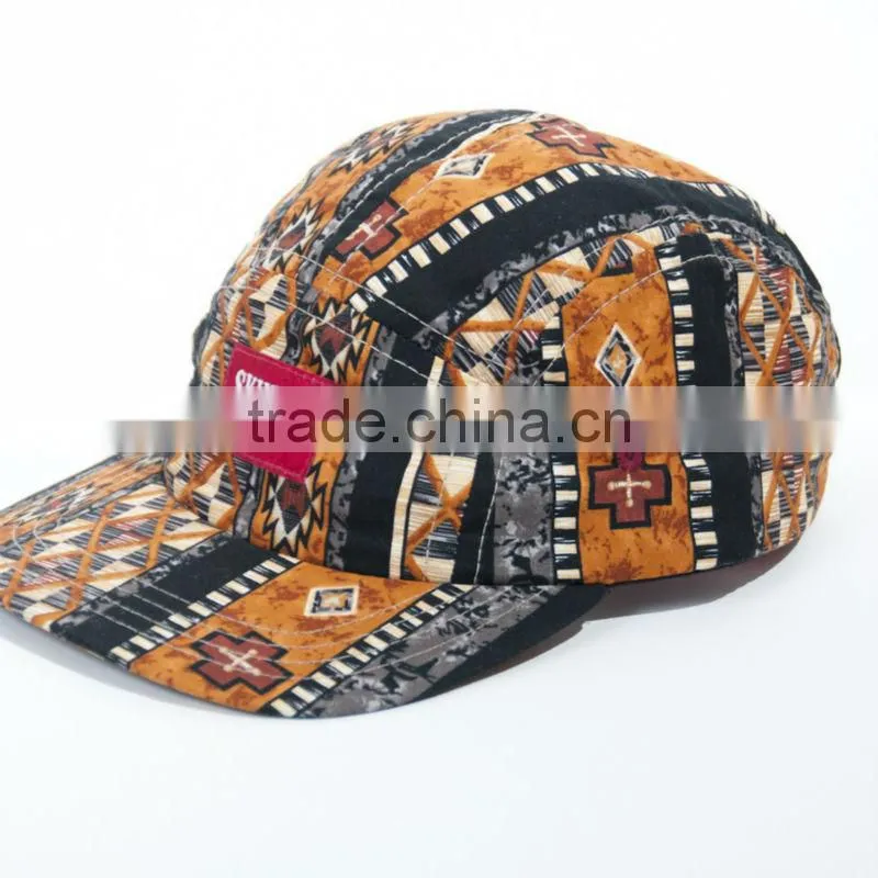 5 panel cap from China Aztec pattern golf promotion wholesale flat brim 5 panel cap