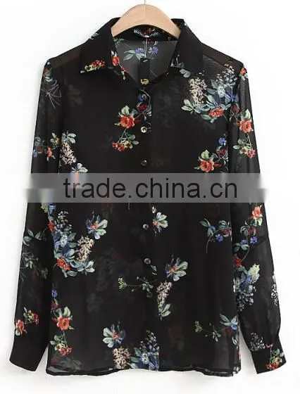 Hot black floral print chiffon shirts for woman chiffon long sleeve chiffon tops