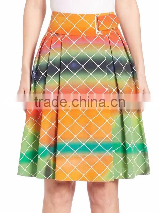 2016 Alibaba Express Multi Color A-line High-Rise Waist Pleated Cotton Net-Print Midi Knee Length Skirt