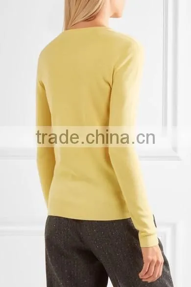 Hot Sale Crew Neck Bright Yellow Silk Blended Cashmere Sweater Women