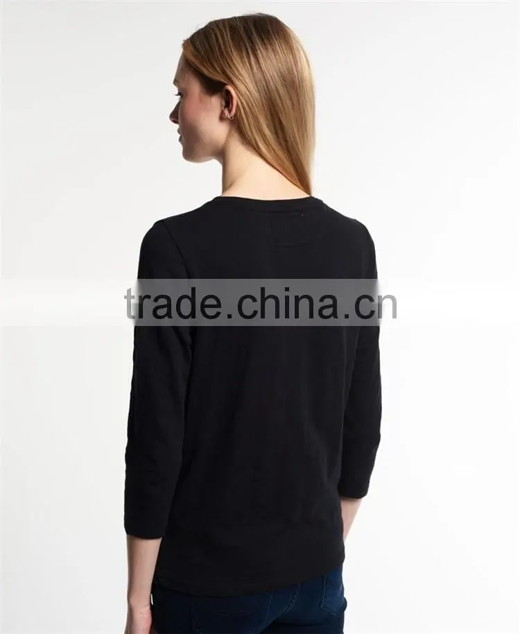China Supplier Shandao Latest Model Good Quality Autumn Casual 3/4 Sleeve Round Neck Black Embroidered Cotton Tops For Women