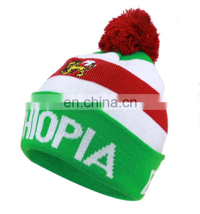 Plain green rib knit merino wool pom beanie