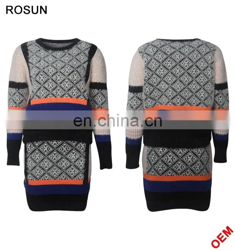 Women Winter Classic Mohair Jacquard Partten Mini Knitted Dress Suits