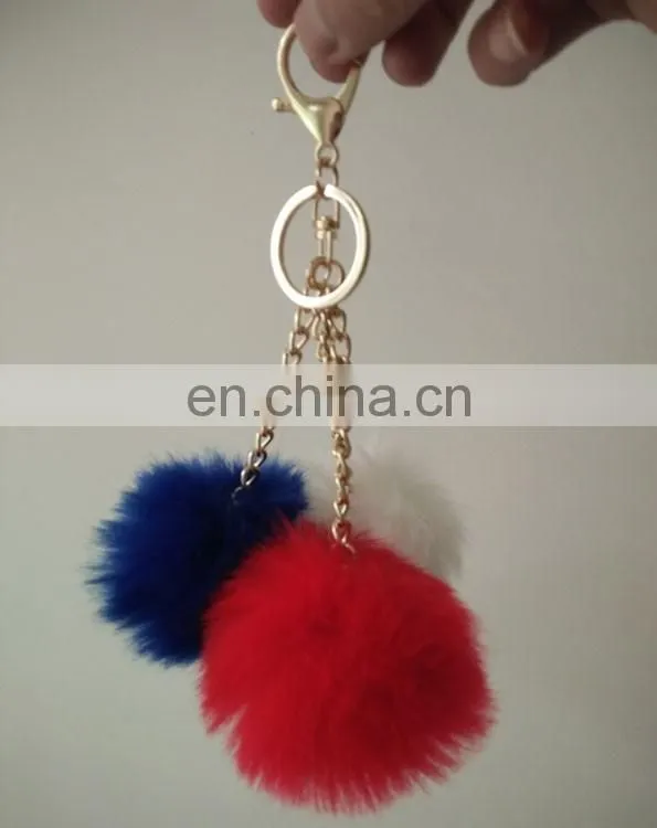 wholesale three colored fake fur union jack pom keychain bag charm with gold chain