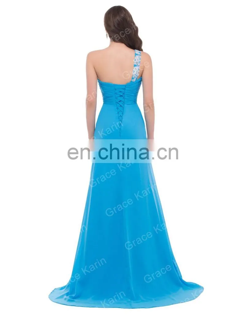 New arrival one shoulder blue Beaded chiffon High Split evening dress CL3183-1