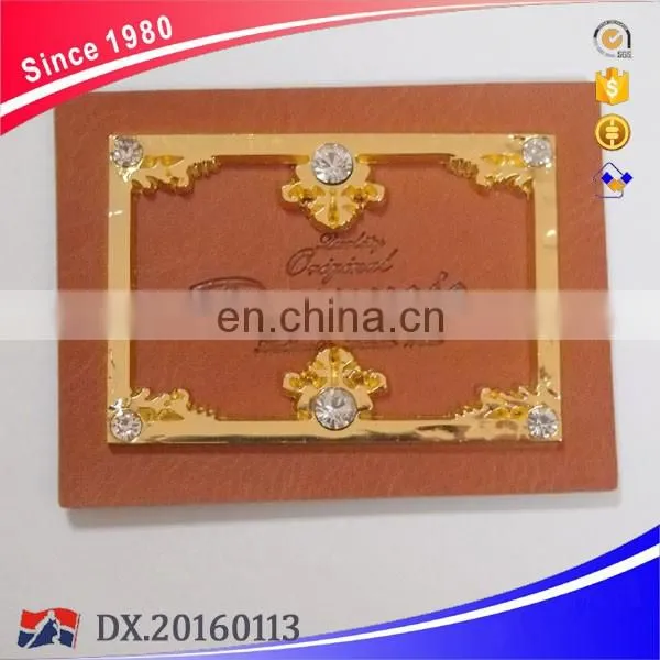 Fashion Jeans Label, Denim Leather Label with Rhinestones, PU Label with Metal