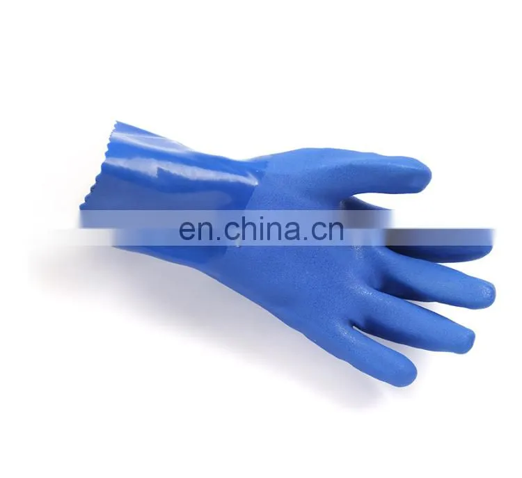 Long Cuff Heavy Duty Cotton Lining Blue PVC Rubber Fully Coated Liquid Chemical Resistant Work Gloves