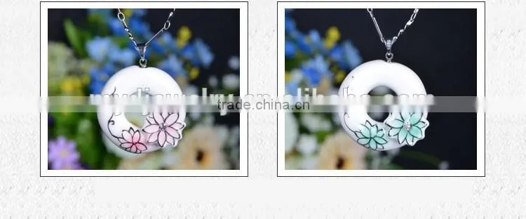 Czech diamond paved enamel famille rose porcelain glazed pendant necklace